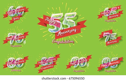 Happy anniversary congratulation cards pack. Glass bulb number with ribbon and party decoration on the colorful background