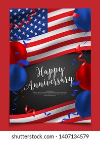 Happy anniversary cover layout with flag of United States, balloon and confetti background. party, holiday, national scale celebration, Flyer, card, banner, brochure template