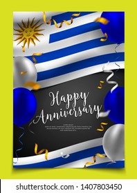 Happy anniversary cover layout with flag of Uruguay, balloon and confetti background. party, holiday, national scale celebration, Flyer, card, banner, brochure template