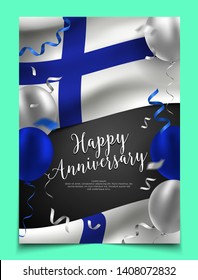 Happy anniversary cover layout with flag of Finland, balloon and confetti background. party, holiday, national scale celebration, Flyer, card, banner, brochure template