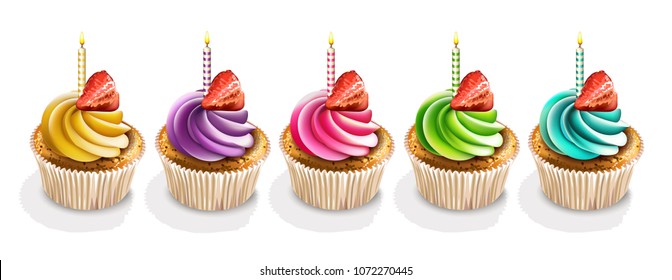 Happy Anniversary Cupcakes isolated Vector realistic. 3d illustrations