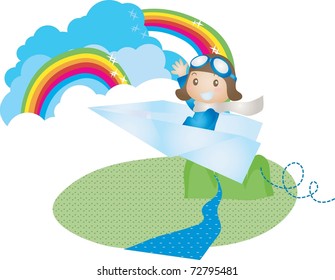 Happy Anniversary Day - flying by paper plane with smiling cute child in beautiful rural landscape on white background : vector illustration