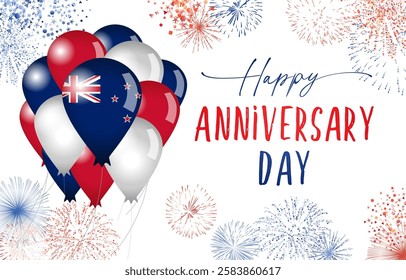 Happy Anniversary Day of New Zealand greeting card template with flying 3D air balloons and fireworks. Colorful background with NZ flag colors. Billboard celebrating design with isolated clipping mask