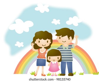 Happy Anniversary Day - taking a picture with lovely smiling family on travel background with beautiful landscape