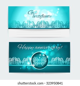 Happy anniversary! Design vector template layout for leaflets,fayer,card magazine in a horizontal format. Band of stylized floral pattern. Openwork butterfly in the circle. Gift certificate.
