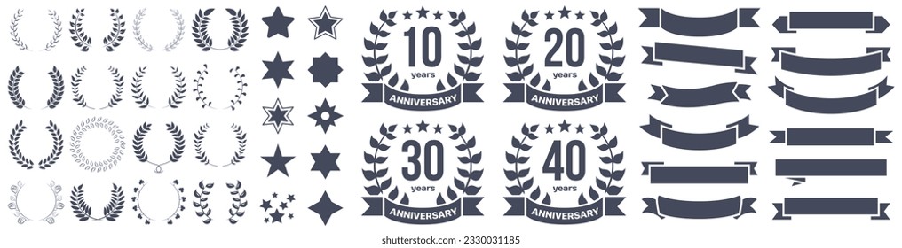 Happy anniversary emblem badges collection with laurel wreath, ribbon, star icons. Happy anniversary badge collection