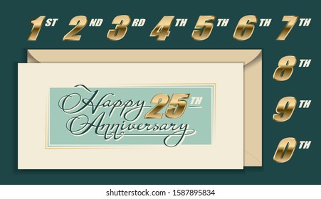 Happy Anniversary envelope, card with gold numbers and calligraphy lettering