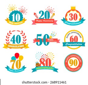 Happy anniversary festive signs set, vector illustration.