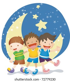 Happy Anniversary With Global Friends - Playing In The Moonlight With Cute And Cheerful Young Children On A Background Of Beautiful Night Blue Sky : Vector Illustration