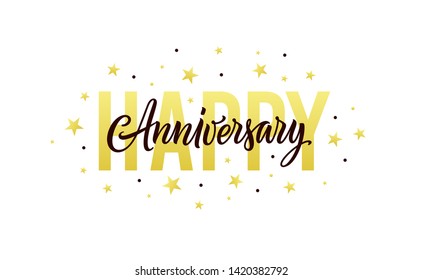 Happy anniversary. Gold, white, black design template for birthday or wedding invitation, party decoration. Greeting card, banner with happy anniversary text, stars and confetti. Vector illustration
