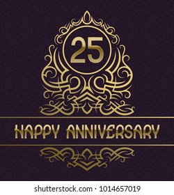 Happy anniversary greeting card template for twenty five years celebration. Vintage design with golden elements.