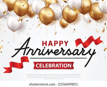 Happy anniversary greeting cards with gold confetti and balloons