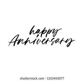 Happy anniversary hand drawn calligraphy. Black ink pen, brush paint lettering. Congratulations phrase, quote. Brushstroke grunge clipart. Birthday greeting card, poster isolated design element.