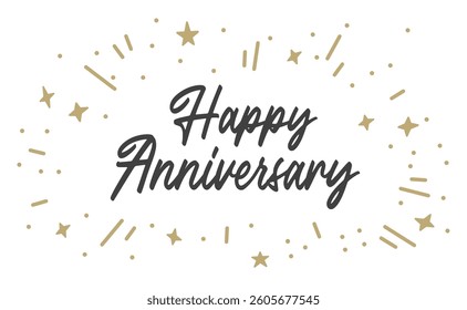 Happy Anniversary. Handwritten modern brush lettering with golden star burst confetti. Vector illustration.