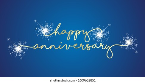 Happy Anniversary handwritten typography sparkle firework line design gold blue background