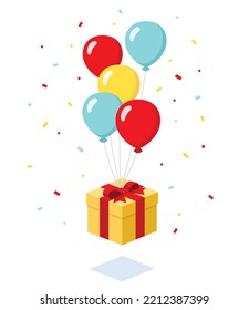 Happy anniversary with helium balloons, gift box. confetti flat design isometric illustration, vector ui interface decorative elements for icon app web banner card isolated on white background