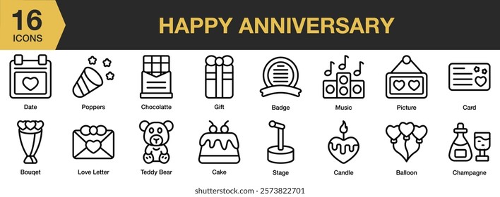 Happy Anniversary icon set. Includes celebration, greeting, anniversary, birthday, party, and More. Outline icons vector collection.