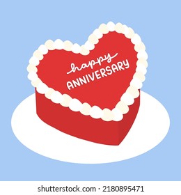 Happy Anniversary Korean Cake with Icing. Red Heart Shaped Minimalist Cake. Celebration Vintage Cake Vector