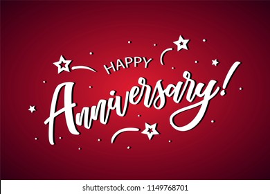 Happy Anniversary lettering card, banner. Beautiful greeting scratched calligraphy white text word stars. Hand drawn invitation print design. Handwritten modern brush red background isolated vector