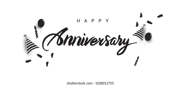 Happy Anniversary lettering text banner, black color. Vector illustration.