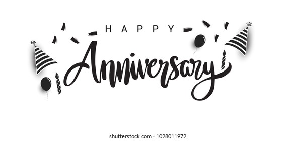 Happy Anniversary lettering text banner, black color. Vector illustration.