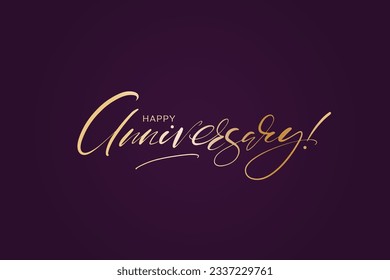 Happy Anniversary lettering text banner, golden script on violet background. Vector illustration. Design for cards, web, posters.