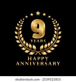Happy Anniversary Logo 1, 2, 3, 4, 5, 6, 7, 8, 9 Years with Laurel Wreath Golden Star. Vector Illustration.