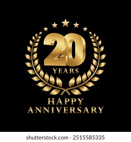 Happy Anniversary Logo 10, 20, 30, 40, 50, 60, 70, 80, 90 Years with Laurel Wreath Golden. Vector Illustration.