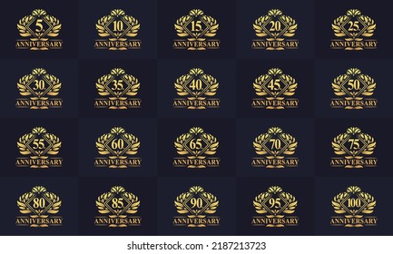 Happy anniversary logo bundle. Retro vintage anniversary logo set. 5th, 10th, 15th, 20th, 25th, 30th, 35th, 40th, 45th, 50th, 90th, 95th, 100th anniversary celebration logo bundle.
