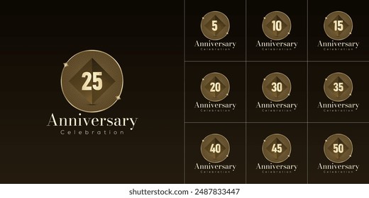 Vector con el logo de Happy Anniversary. 5, 10, 15, 20, 25, 30, 35, 40, 45, 50 años Conjunto de ilustraciones. Ideal para la empresa Aniversario, Eventos Corporativas, jubileo, Celebraciones de cumpleaños, boda