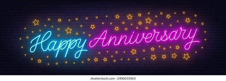 Happy Anniversary neon lettering on brick wall background