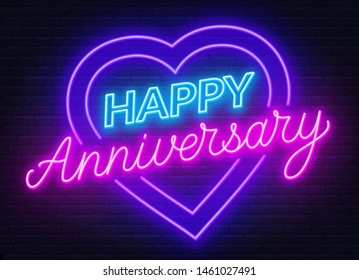 Happy anniversary neon sign. Greeting card on dark background. Vector illustration.