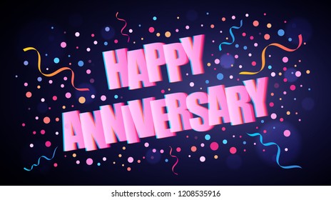 Happy Anniversary overlapping festive lettering with colorful round confetti over dark violet background for your graphic and web design