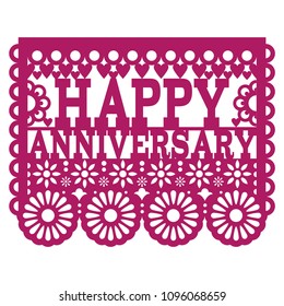 Happy Anniversary Papel Picado vector design - purple greeting card, Mexican folk art paper banner .
Cut out paper template with flowers and abstract shapes, festive floral composition isolated