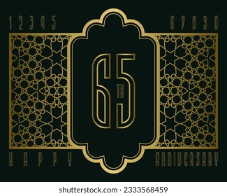 Happy anniversary sign in bohemian style. Golden numbers, vintage frame and some letters in set for designer.