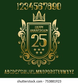 Happy anniversary sign kit. Golden patterned numbers, alphabet, and wreath frame for creating celebratory symbol.