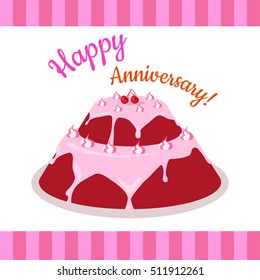 Happy anniversary strawberry pie Illustration. Multi level cake in flat style. Flat design. Home baking. Tasty sweet fruit cake, covered glaze, with berry. For bakery, confectionery, cafe ads, menu