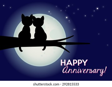 happy anniversary, sweet pair of cats in love against a full moon