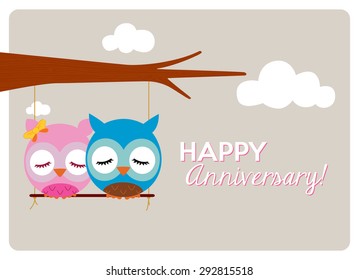 happy anniversary, sweet pair of owls in love on a wooden swing