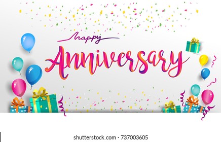 Happy Anniversary Typography Vector Design For Greeting Cards And Poster With Balloon, Confetti And Gift Box, Design Template For Birthday Celebration.