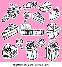 happy anniversary vector sticker pack hand drawn