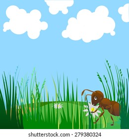 Happy ant cartoon on the  landscape