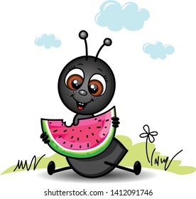 Happy Ant with fresh watermelon - Stock illustration