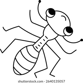 A happy ant with large eyes and simple lines in a playful style. The insect features a segmented body and expressive face in a cartoonish manner. Cartoon vector illustration.