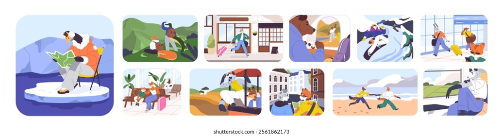 Happy anthropomorphic animals travel set. Cute tourists with baggage are in holiday journey. Different characters with luggage, bags are in voyage, vacation trip. Tourism flat vector illustrations