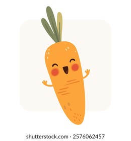 A happy, anthropomorphic carrot character with a joyful expression. This design is perfect for children's books, illustrations, greeting cards, healthy eating campaigns.