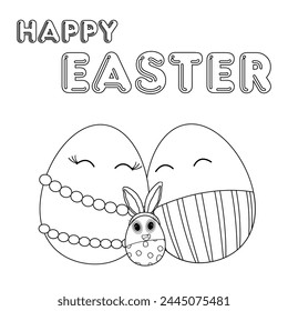 Feliz familia antropomórfica de huevo de Pascua abrazándose. Papá, mamá, bebé con orejas de conejo. Foto con texto - Feliz Pascua. Dibujo en blanco y negro de Vector