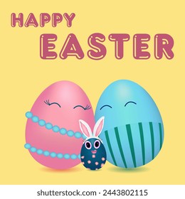 Feliz familia antropomórfica de coloridos huevos de Pascua abrazándose. Papá, mamá, bebé con orejas de conejo. Imagen con texto - Feliz Pascua