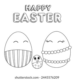 Una feliz familia antropomórfica de huevos de Pascua. Papá, mamá, bebé. Foto con el texto - Feliz Pascua. Dibujo en blanco y negro de Vector