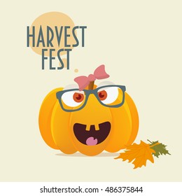Happy Anthropomorphic Pumpkin Girl with hair bow on. Cute Cartoon styled Pumpkin with Maple Leaves. Harvest Festival Illustration. Fall Fest. Autumn Festival. Fall Harvest feast.